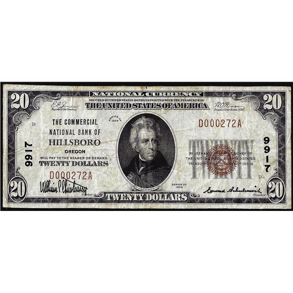 1929 $20 Commercial National Bank of Hillsboro, OR CH# 9917 National Currency Note