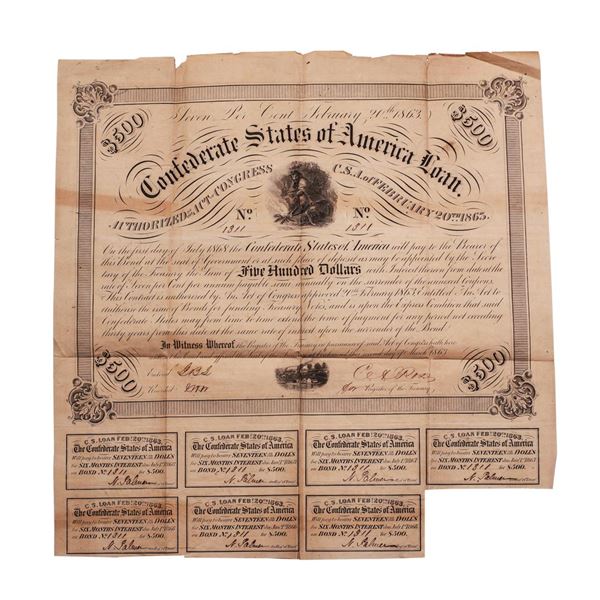 1863 $500 Confederate Bond Obsolete Sheet B-220