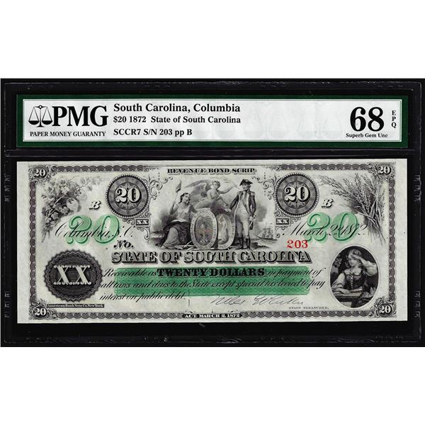 1872 $20 State of South Carolina Revenue Bond Obsolete Note PMG Superb Gem Unc. 68EPQ