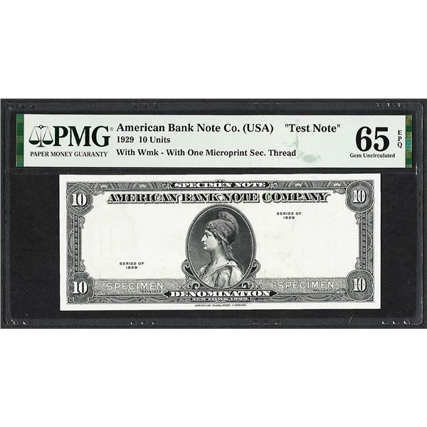 1929 10 Unit American Bank Note Co. "Test Note" PMG Gem Uncirculated 65EPQ