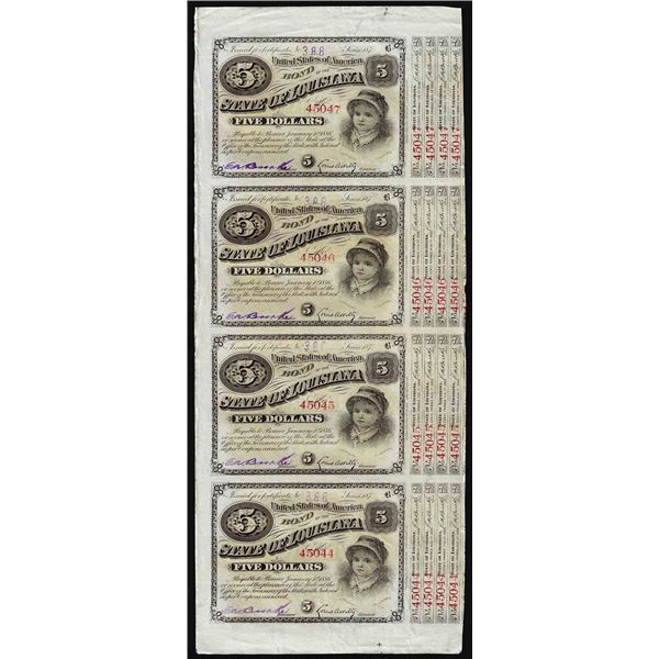 Uncut Sheet of (4) State of Louisiana Baby Bond Obsolete Notes