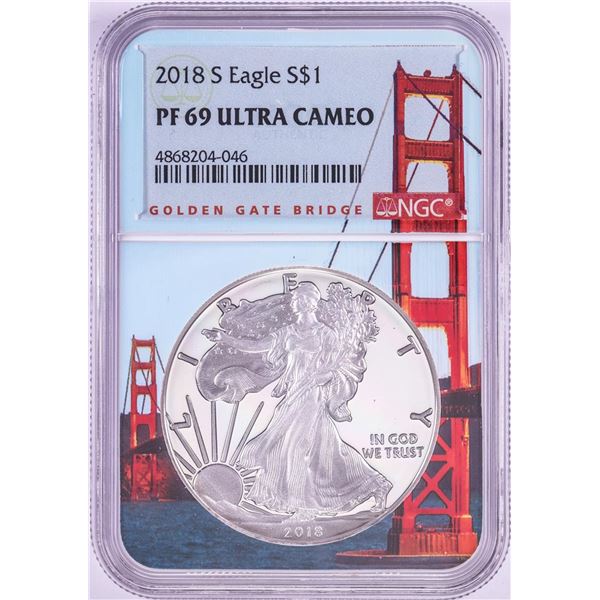 2018-S $1 Proof American Silver Eagle Coin NGC PF69 Ultra Cameo Bridge Core