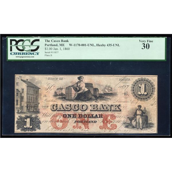 1860 $1 The Casco Bank Portland, ME Obsolete Bank Note PCGS Very Fine 30