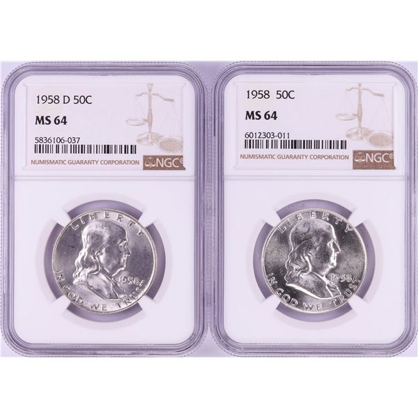Lot of 1958 & 1958-D Franklin Half Dollar Coins NGC MS64