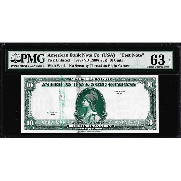 1929 10 Unit American Bank Note Co. "Test Note" PMG Choice Uncirculated 63EPQ