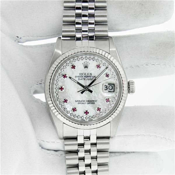 Rolex Men's Stainless Steel MOP Diamond & Ruby Datejust Watch With Rolex Box