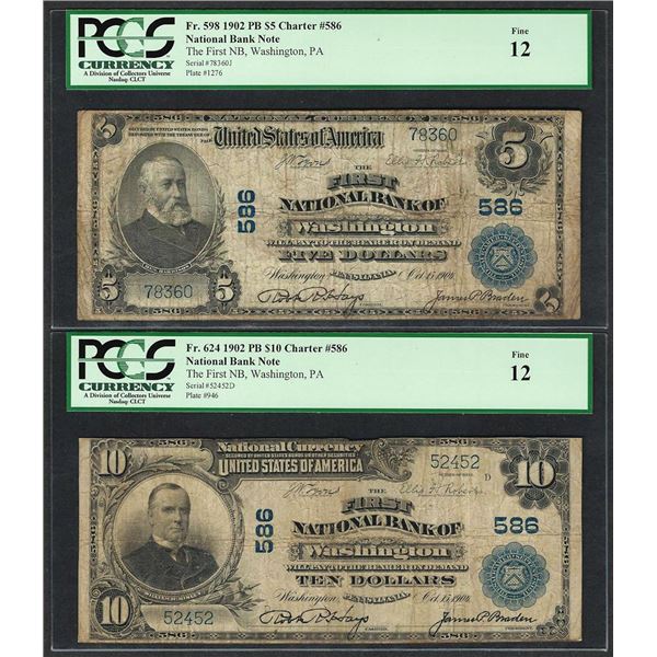 1902PB $5/10 First NB of Washington, PA CH# 586 National Currency Notes PCGS Fine 12