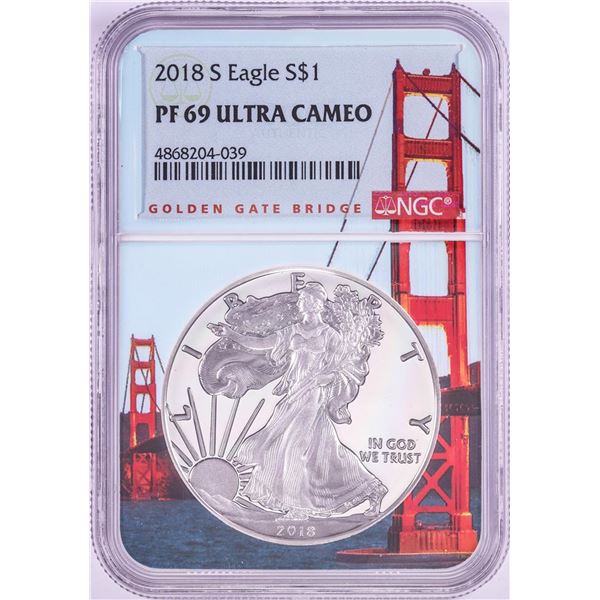 2018-S $1 Proof American Silver Eagle Coin NGC PF69 Ultra Cameo Bridge Core