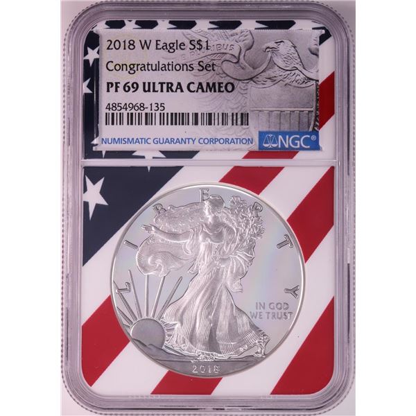 2018-W $1 Proof American Silver Eagle Coin NGC PF69 Ultra Cameo Congratulations Flag