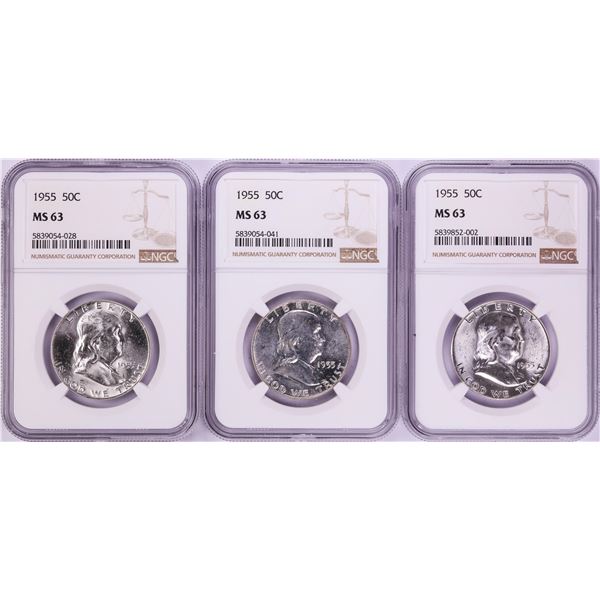 Lot of (3) 1955 Franklin Half Dollar Coins NGC MS63