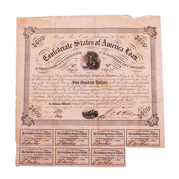 1863 $500 Confederate Bond Obsolete Sheet Printed on Pink Paper B-221