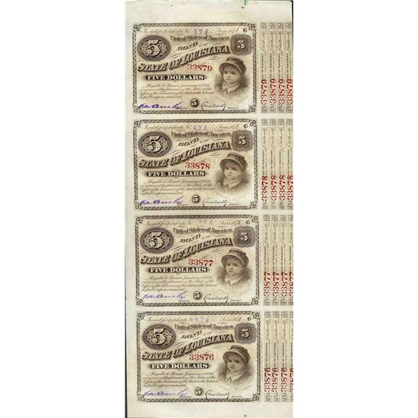 Uncut Sheet of (4) State of Louisiana Baby Bond Obsolete Notes