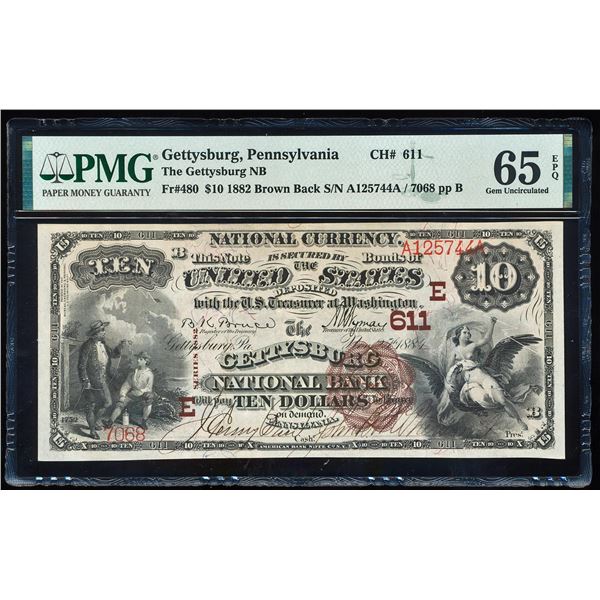 1882BB $10 Gettysburg, PA CH# 611 National Currency Note PMG Gem Uncirculated 65EPQ