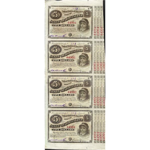 Uncut Sheet of (4) State of Louisiana Baby Bond Obsolete Notes