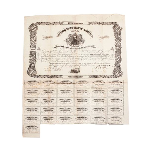 1862 $500 Confederate Bond Obsolete Sheet B-127