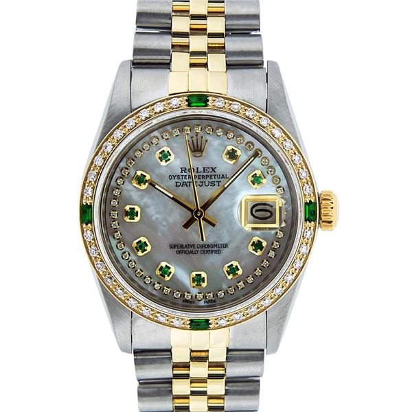 Rolex Men's Two Tone MOP Diamond & Emerald Oyster Perpetual Datejust Wristwatch