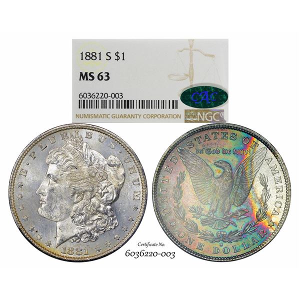1881-S $1 Morgan Silver Dollar Coin NGC MS63 CAC Amazing Toning