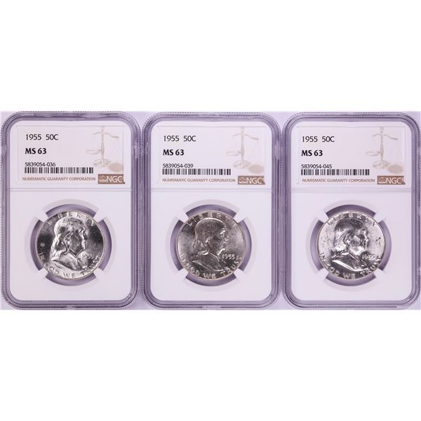 Lot of (3) 1955 Franklin Half Dollar Coins NGC MS63