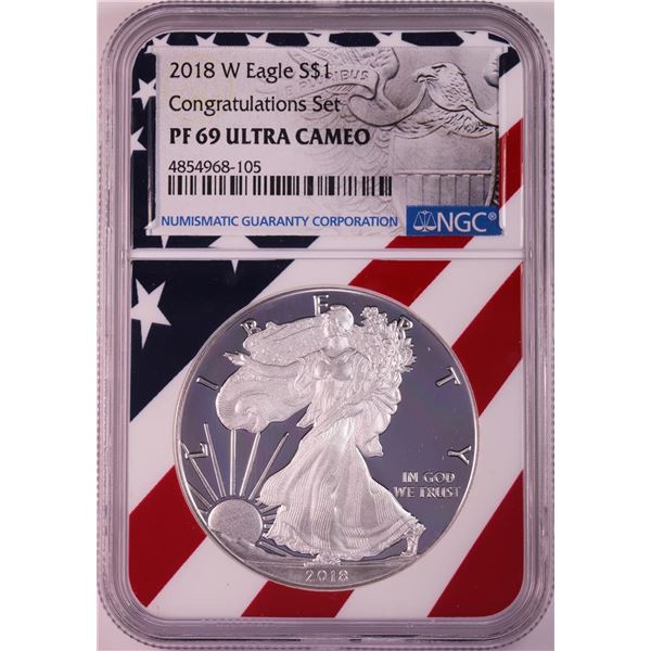 2018-W $1 Proof American Silver Eagle Coin NGC PF69 Ultra Cameo Congratulations Flag