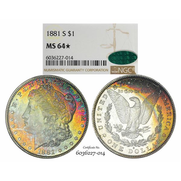 1881-S $1 Morgan Silver Dollar Coin NGC MS64* Star CAC Amazing Toning