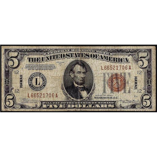 1934A $5 Hawaii WWII Emergency Issue Federal Reserve Note