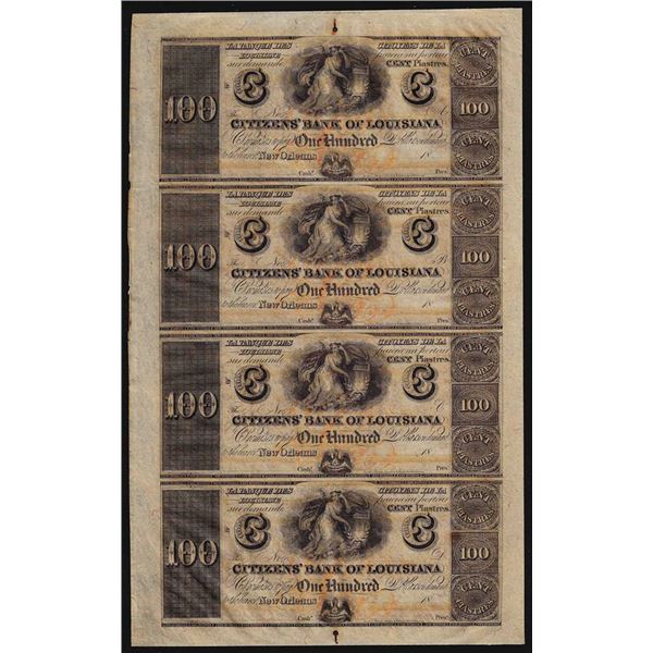 Uncut Sheet of $100 Citizens Bank of Louisiana Obsolete Notes