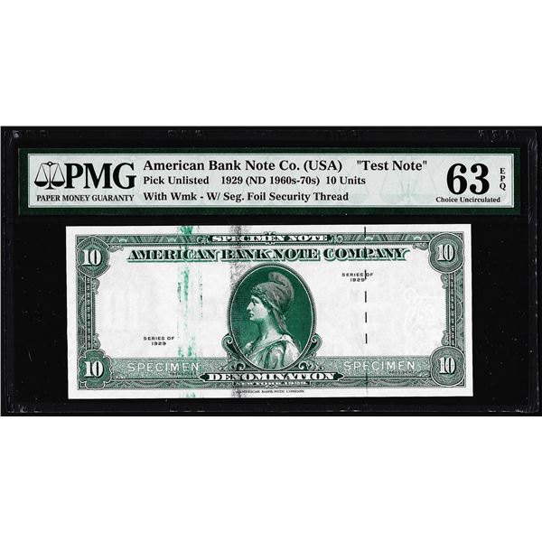1929 10 Unit American Bank Note Co. "Test Note" PMG Choice Uncirculated 63EPQ
