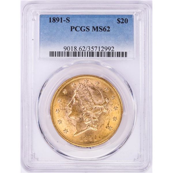 1891-S $20 Liberty Head Double Eagle Gold Coin PCGS MS62