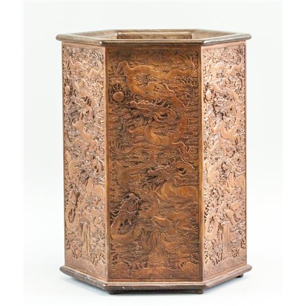 Chinese Hexagonal Carved Bamboo Brush Pot