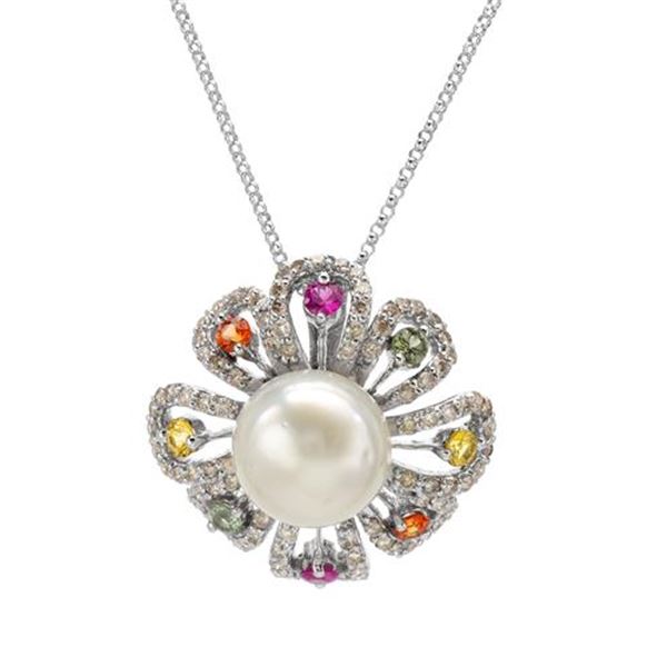 Natural 12.30 CTW Pearl & Diamond Necklace 14K White Gold - REF-131R4K