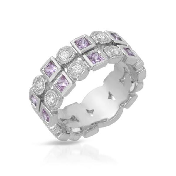 Natural 0.93 CTW Pink Sapphire & Diamond Ring 18K White Gold - REF-112M5F