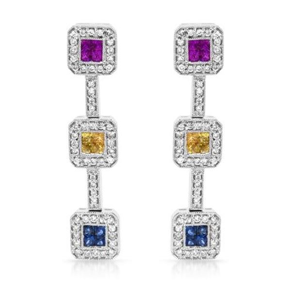 Natural 2.09 CTW Multi-Sapphire & Diamond Earrings 14K White Gold - REF-142H2W