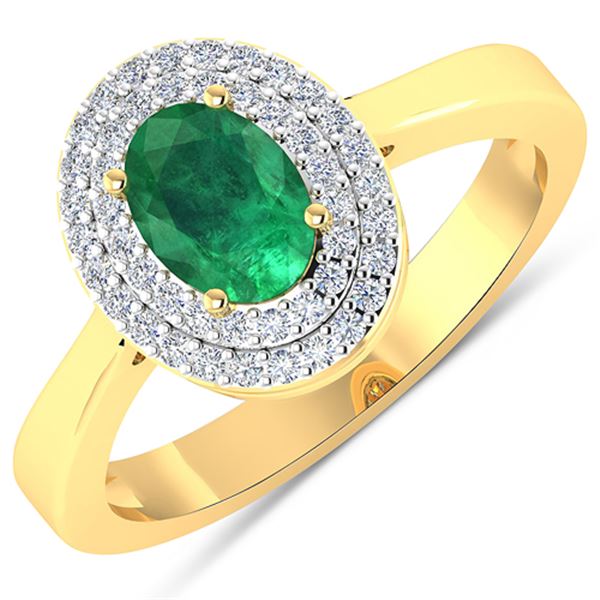 Natural 0.78 CTW Zambian Emerald & Diamond Ring 14K Yellow Gold - REF-37F9N