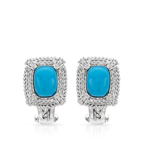 Natural 2.98 CTW Turquoise & Diamond Earrings 14K White Gold - REF-79X2T