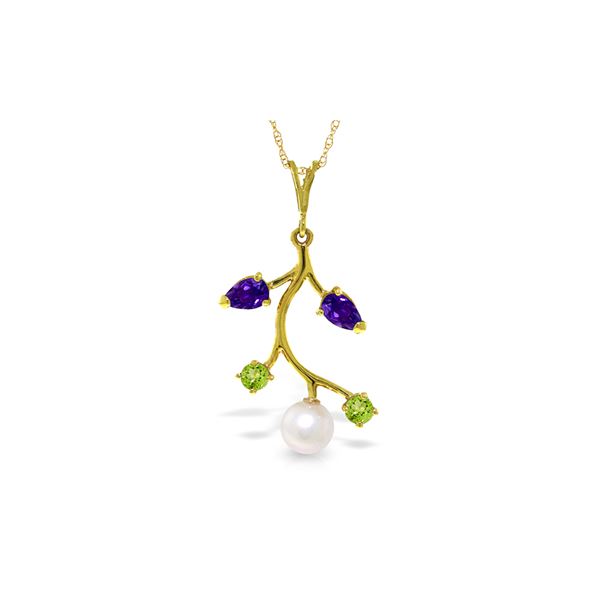 Genuine 2.7 ctw Amethyst, Peridot & Pearl Necklace 14KT Yellow Gold - REF-29K7V