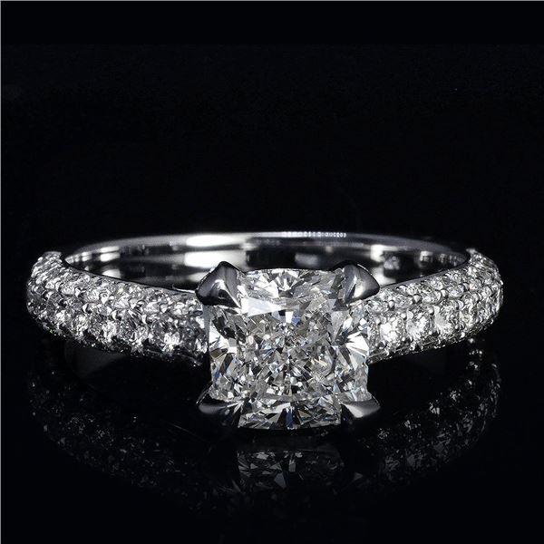 Natural 1.92 CTW Cushion Cut 3 Row Pave Diamond Engagement Ring 14KT White Gold