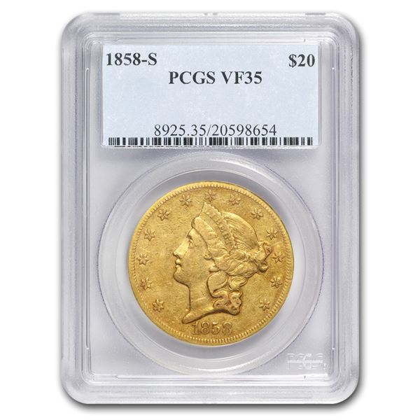 1858-S $20 Liberty Gold Double Eagle VF-35 PCGS