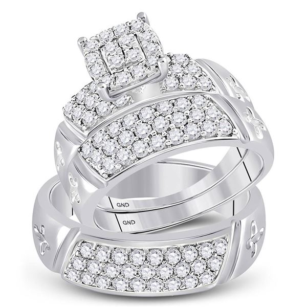 14kt White Gold His Hers Round Diamond Cluster Matching Wedding Set 1-5/8 Cttw