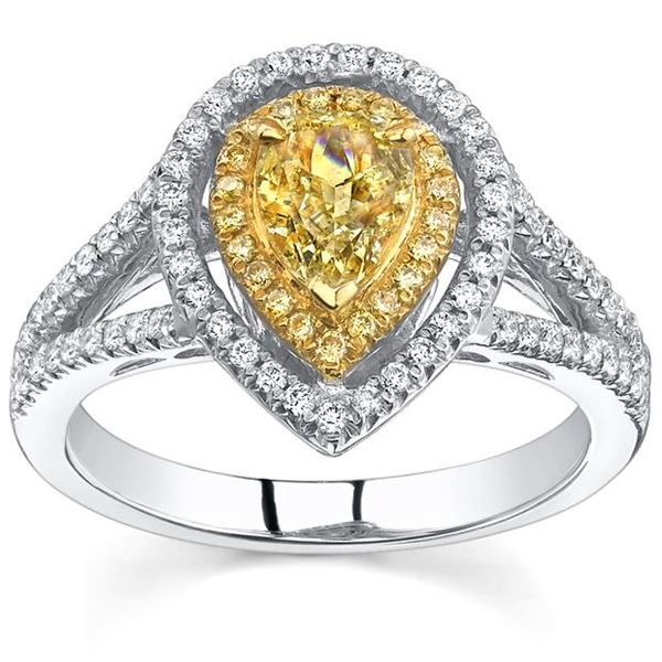 Natural 2.22 CTW Canary Yellow Pear Cut Double Halo Diamond Engagement Ring 18KT Two-tone