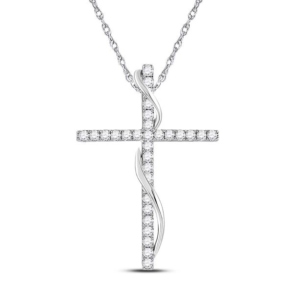 14kt White Gold Womens Round Diamond Cross Pendant 1/2 Cttw