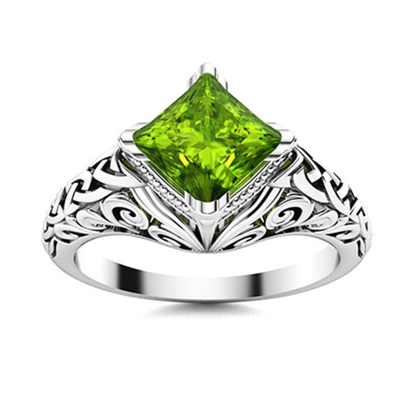 Natural 0.77 CTW Peridot Solitaire Ring 18K White Gold