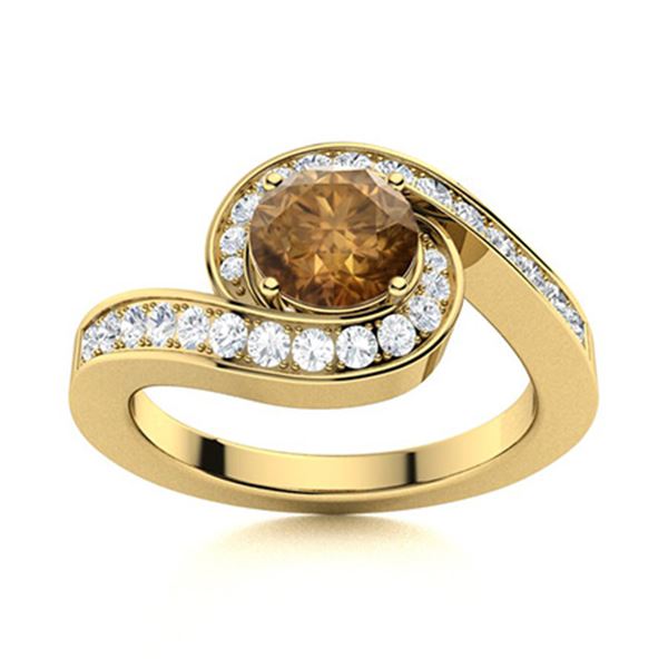 Natural 1.20 CTW Brown & White Diamond Engagement Ring 18K Yellow Gold