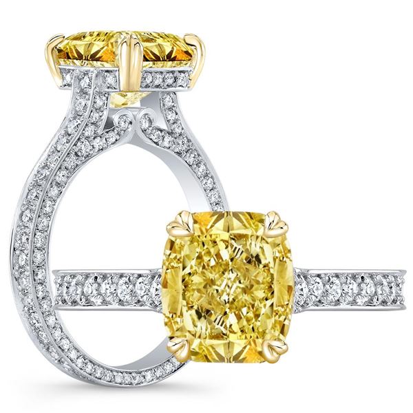 Natural 5.27 CTW Canary INTENSE Yellow Cushion Cut Diamond Engagement Ring 14KT Two-tone
