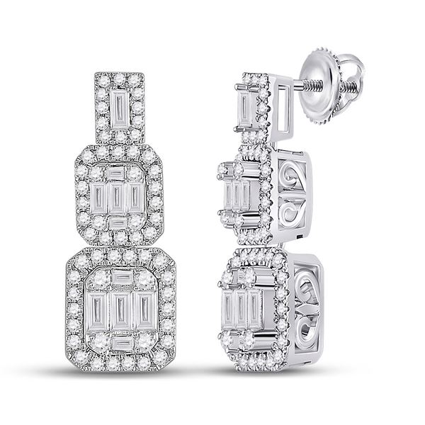 14kt White Gold Womens Baguette Diamond Dangle Earrings 1-1/3 Cttw