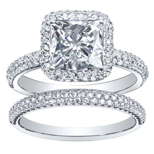 Natural 3.47 CTW Princess Cut Halo Pave Diamond Engagement Ring 14KT White Gold