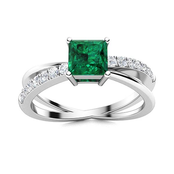 Natural 0.86 CTW Emerald & Diamond Engagement Ring 14K White Gold