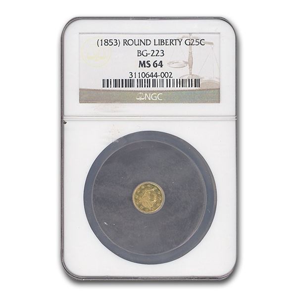 (1853) Liberty Round 25 Cent Gold MS-64 NGC (BG-223)