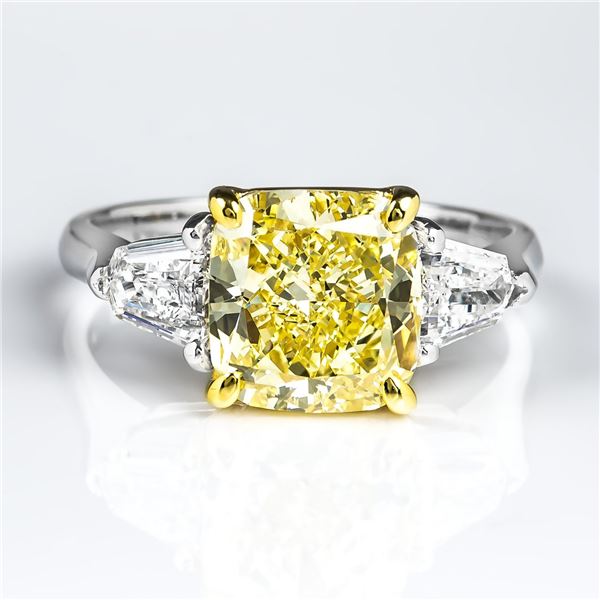 Natural 2.82 CTW Canary Yellow Cushion Cut & Bullet Cut 3-Stone Diamond Ring 18KT Two-tone