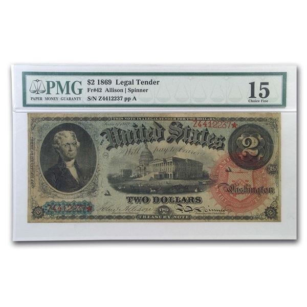 1869 $2.00 Legal Tender "Rainbow" Fine-15 PMG