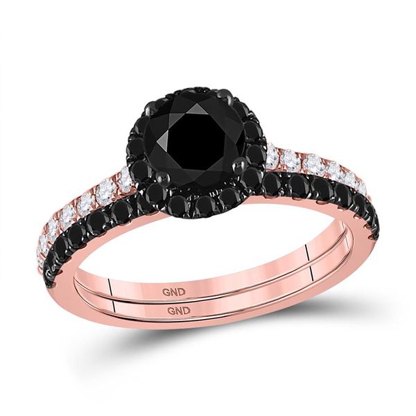 14kt Rose Gold Womens Round Black Color Enhanced Diamond Bridal Wedding Ring Set 2-1/5 Cttw